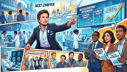 Comic-style illustration of Michael J. Fox pointing toward Parkinson’s research and clinical trial displays, surrounded by scientists, patients and investors, with upward arrows symbolizing progress and investor optimism.