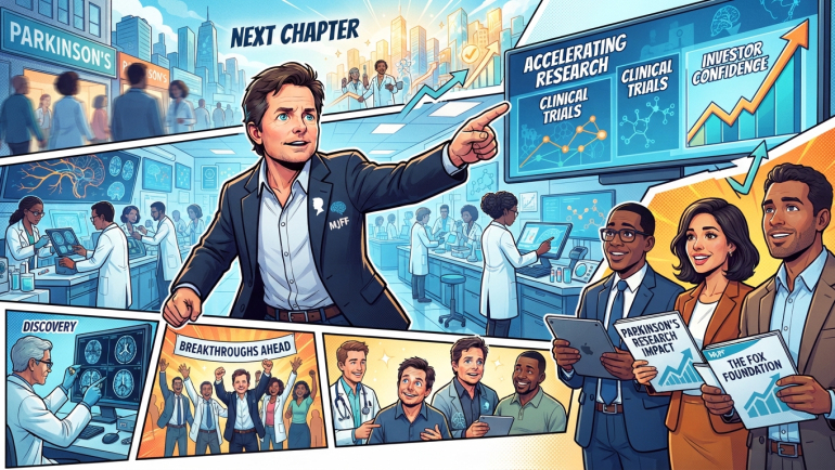 Comic-style illustration of Michael J. Fox pointing toward Parkinson’s research and clinical trial displays, surrounded by scientists, patients and investors, with upward arrows symbolizing progress and investor optimism.
