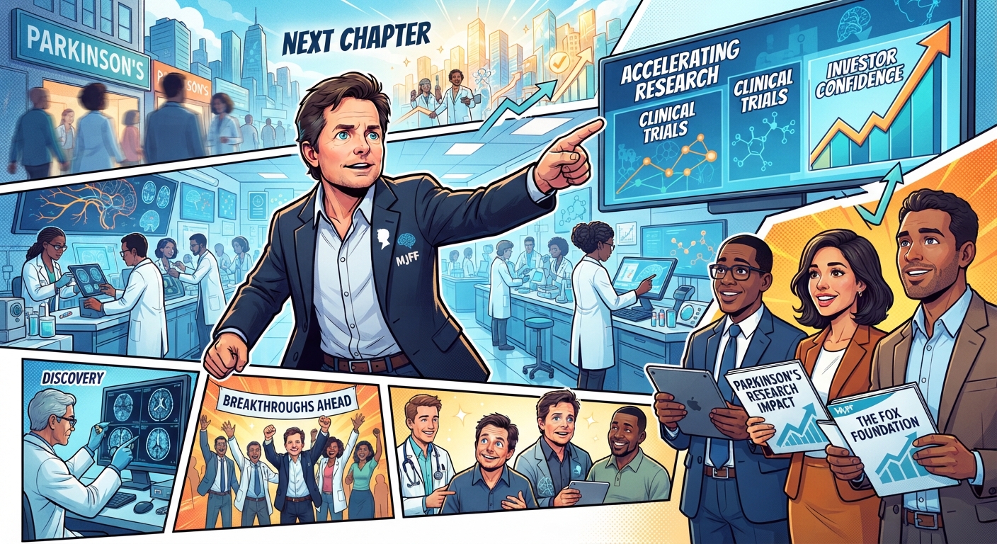 Comic-style illustration of Michael J. Fox pointing toward Parkinson’s research and clinical trial displays, surrounded by scientists, patients and investors, with upward arrows symbolizing progress and investor optimism.