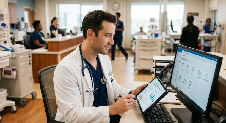 Doctor reviewing healthcare data on a tablet beside a desktop displaying digital health tools at a hospital workstation