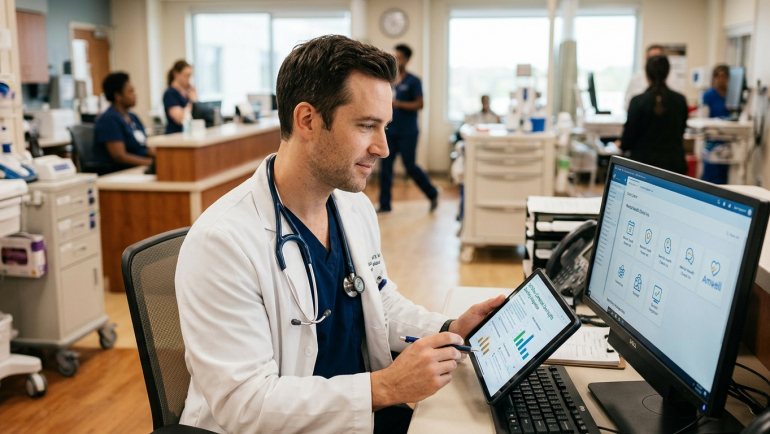 Doctor reviewing healthcare data on a tablet beside a desktop displaying digital health tools at a hospital workstation