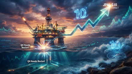 Sable Offshore stock illustration showing a lit offshore oil platform at sunset off the California coast, with glowing subsea pipelines labeled Q4 Hondo Restart and a rising stock chart arrow pointing to a JPMorgan $10 price target.