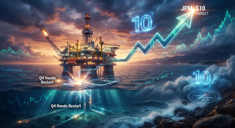 Sable Offshore stock illustration showing a lit offshore oil platform at sunset off the California coast, with glowing subsea pipelines labeled Q4 Hondo Restart and a rising stock chart arrow pointing to a JPMorgan $10 price target.