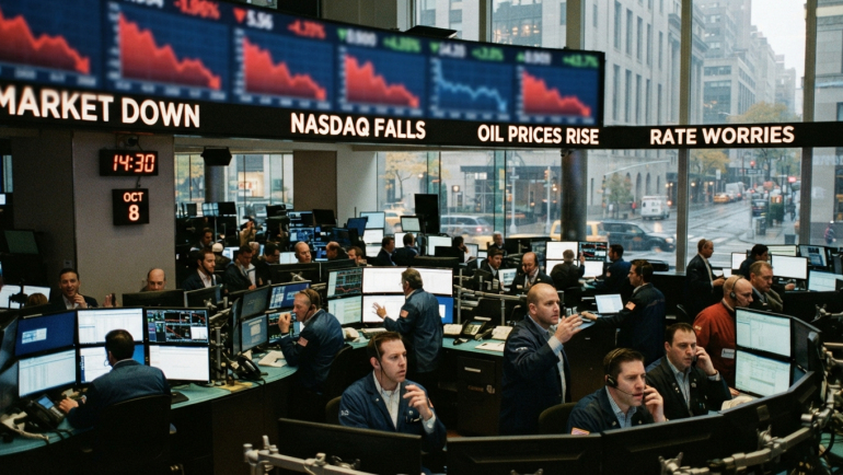 Trading floor illustration with traders at monitors beneath signs reading “Nasdaq Falls,” “Oil Prices Rise” and “Rate Worries.”