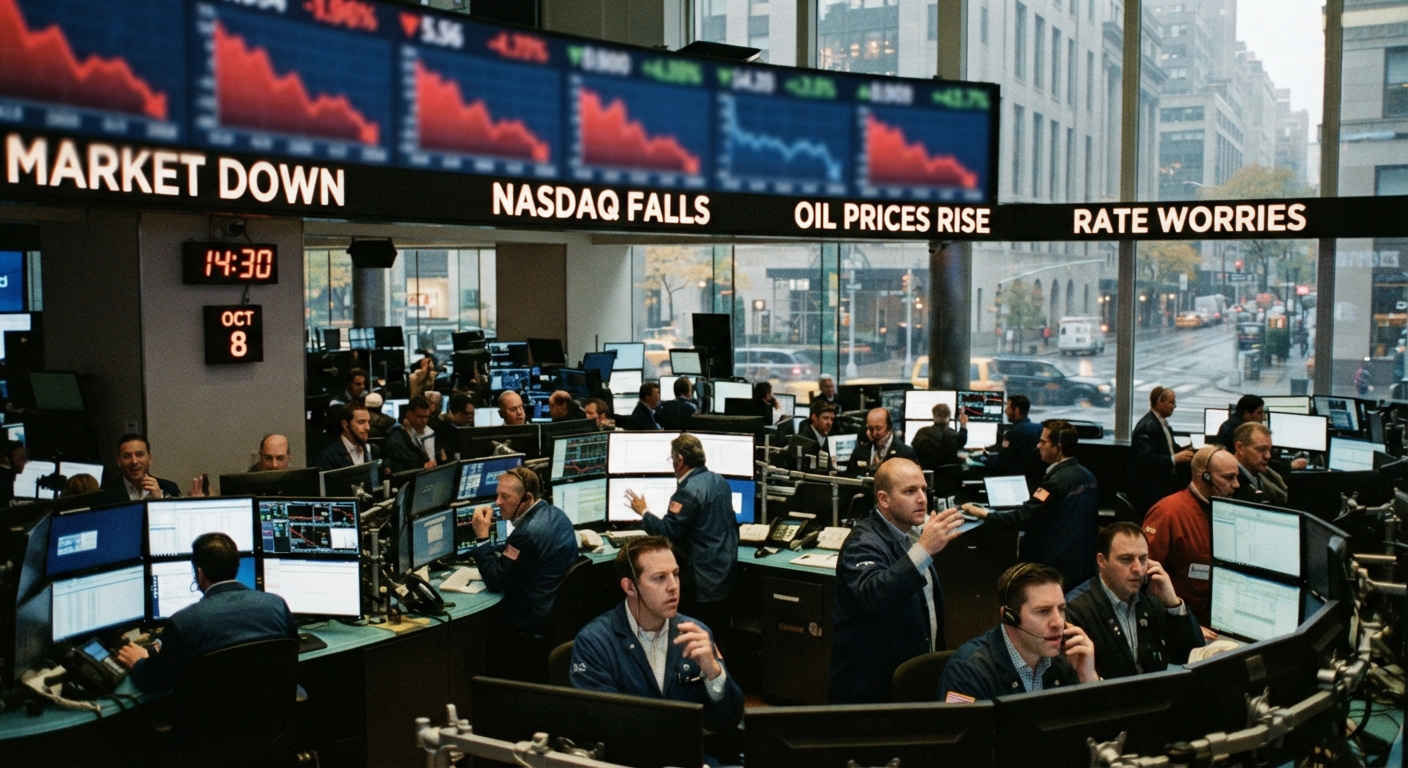 Trading floor illustration with traders at monitors beneath signs reading “Nasdaq Falls,” “Oil Prices Rise” and “Rate Worries.”
