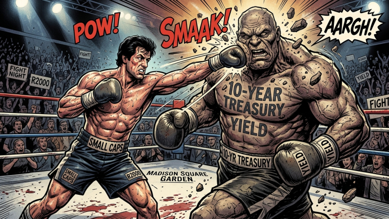 Comic-book illustration of a small-cap stock boxer punching a giant labeled “10-Year Treasury Yield,” symbolizing the Russell 2000’s fight against rising yields.