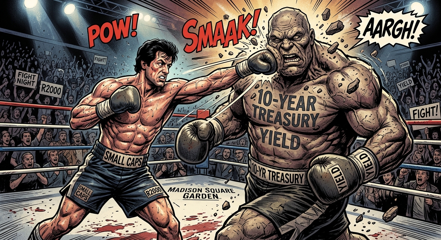 Comic-book illustration of a small-cap stock boxer punching a giant labeled “10-Year Treasury Yield,” symbolizing the Russell 2000’s fight against rising yields.