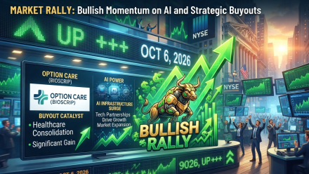 Illustrated stock market rally with a charging bull, rising green arrows, and screens highlighting AI infrastructure and an Option Care buyout on October 6, 2026.