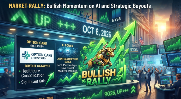Illustrated stock market rally with a charging bull, rising green arrows, and screens highlighting AI infrastructure and an Option Care buyout on October 6, 2026.