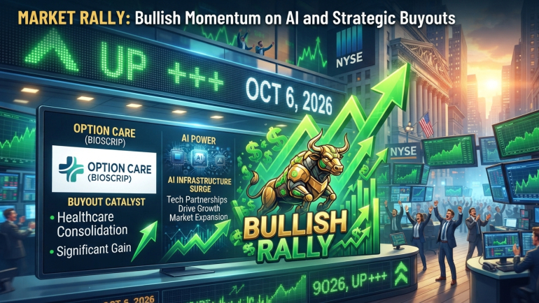 Illustrated stock market rally with a charging bull, rising green arrows, and screens highlighting AI infrastructure and an Option Care buyout on October 6, 2026.