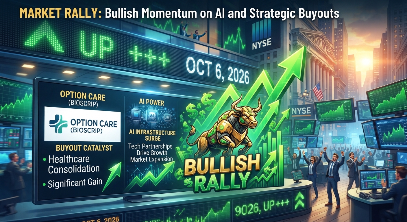 Illustrated stock market rally with a charging bull, rising green arrows, and screens highlighting AI infrastructure and an Option Care buyout on October 6, 2026.