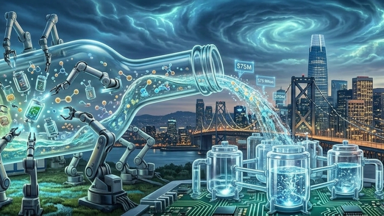 Conceptual illustration of robotic arms automating drug manufacturing, with a giant glass vessel pouring into bioreactors against the San Francisco skyline.