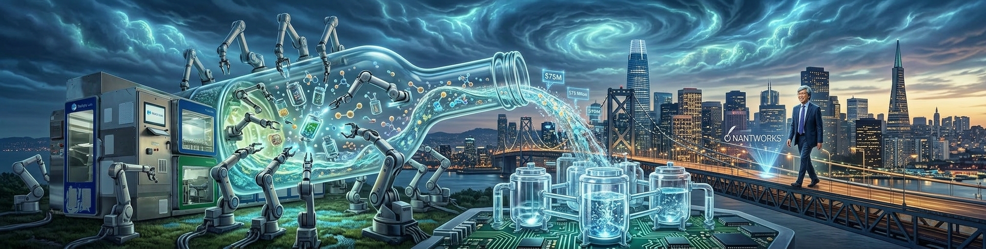 Conceptual illustration of robotic arms automating drug manufacturing, with a giant glass vessel pouring into bioreactors against the San Francisco skyline.