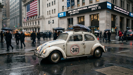 White vintage Volkswagen Beetle marked “−341” outside the New York Stock Exchange on a rainy street, illustrating the Dow’s October 7, 2026 decline.