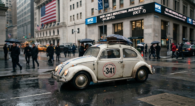 White vintage Volkswagen Beetle marked “−341” outside the New York Stock Exchange on a rainy street, illustrating the Dow’s October 7, 2026 decline.