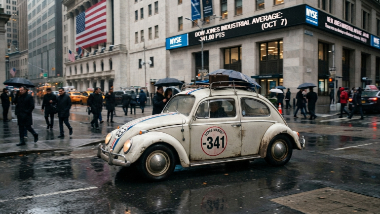 White vintage Volkswagen Beetle marked “−341” outside the New York Stock Exchange on a rainy street, illustrating the Dow’s October 7, 2026 decline.