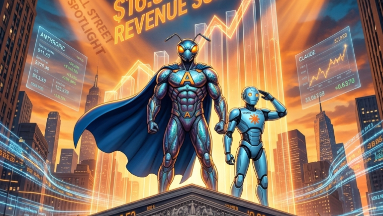 Comic-style illustration of an ant superhero and AI robot above a Wall Street exchange, with cheering investors, rising bars and a “$16.3 billion revenue surge” headline.