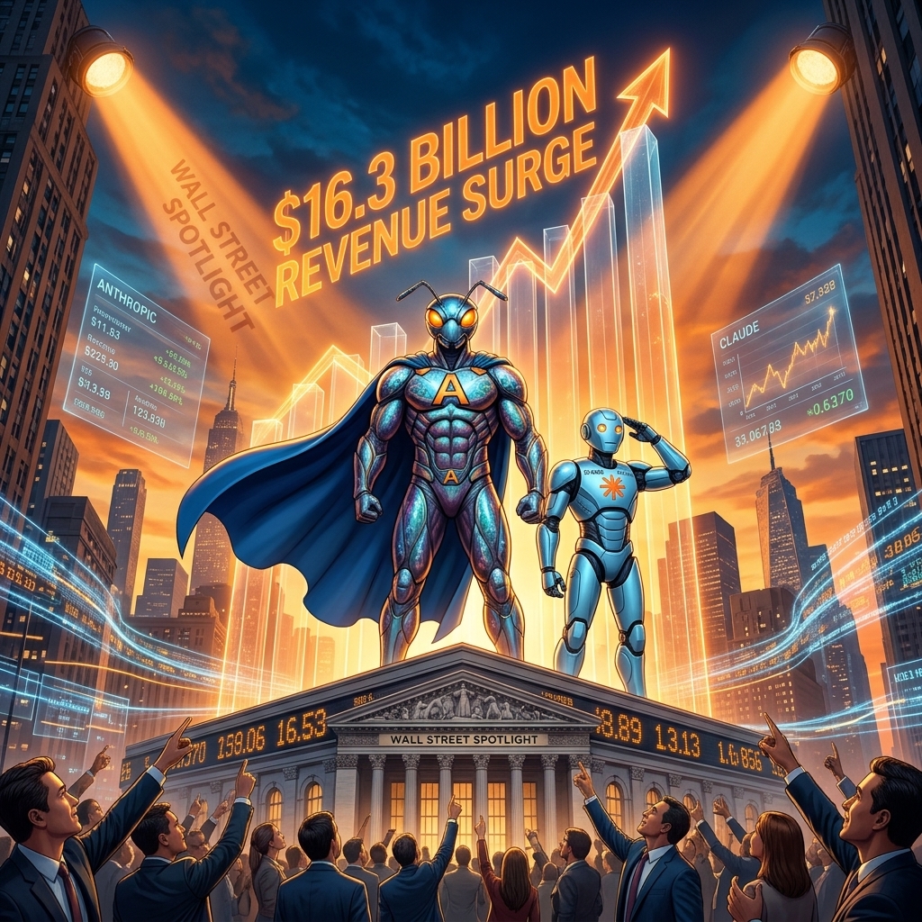 Comic-style illustration of an ant superhero and AI robot above a Wall Street exchange, with cheering investors, rising bars and a “$16.3 billion revenue surge” headline.