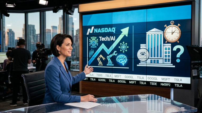 Financial news presenter beside a screen showing a rising Nasdaq chart, AI technology symbols and Federal Reserve imagery.