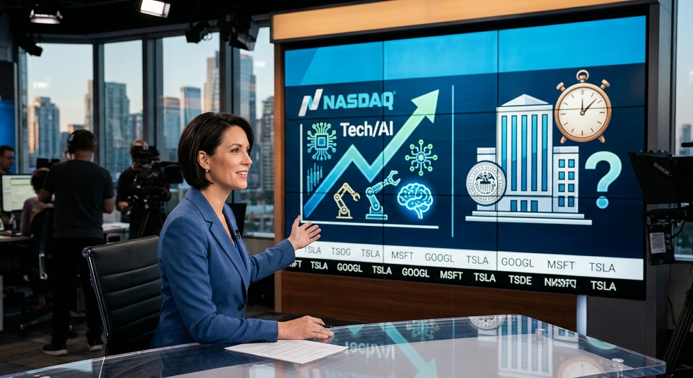 Financial news presenter beside a screen showing a rising Nasdaq chart, AI technology symbols and Federal Reserve imagery.