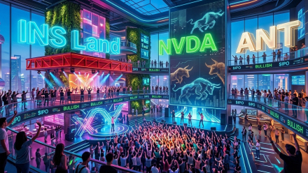 Futuristic Shanghai nightclub illustration with crowds, neon INS Land signage, NVIDIA’s NVDA ticker, ANT lettering and digital bull displays linking nightlife with AI market optimism.