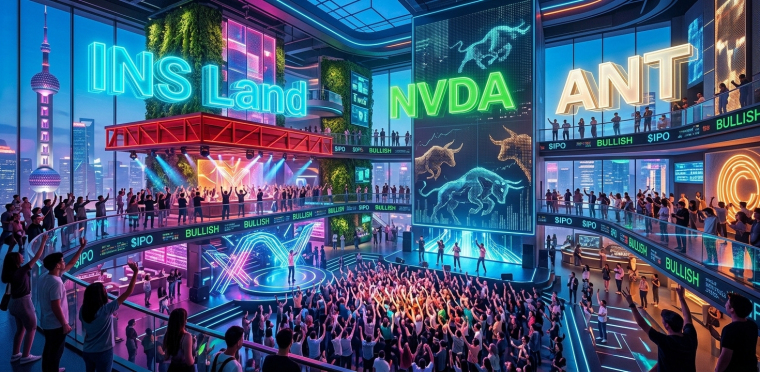 Futuristic Shanghai nightclub illustration with crowds, neon INS Land signage, NVIDIA’s NVDA ticker, ANT lettering and digital bull displays linking nightlife with AI market optimism.