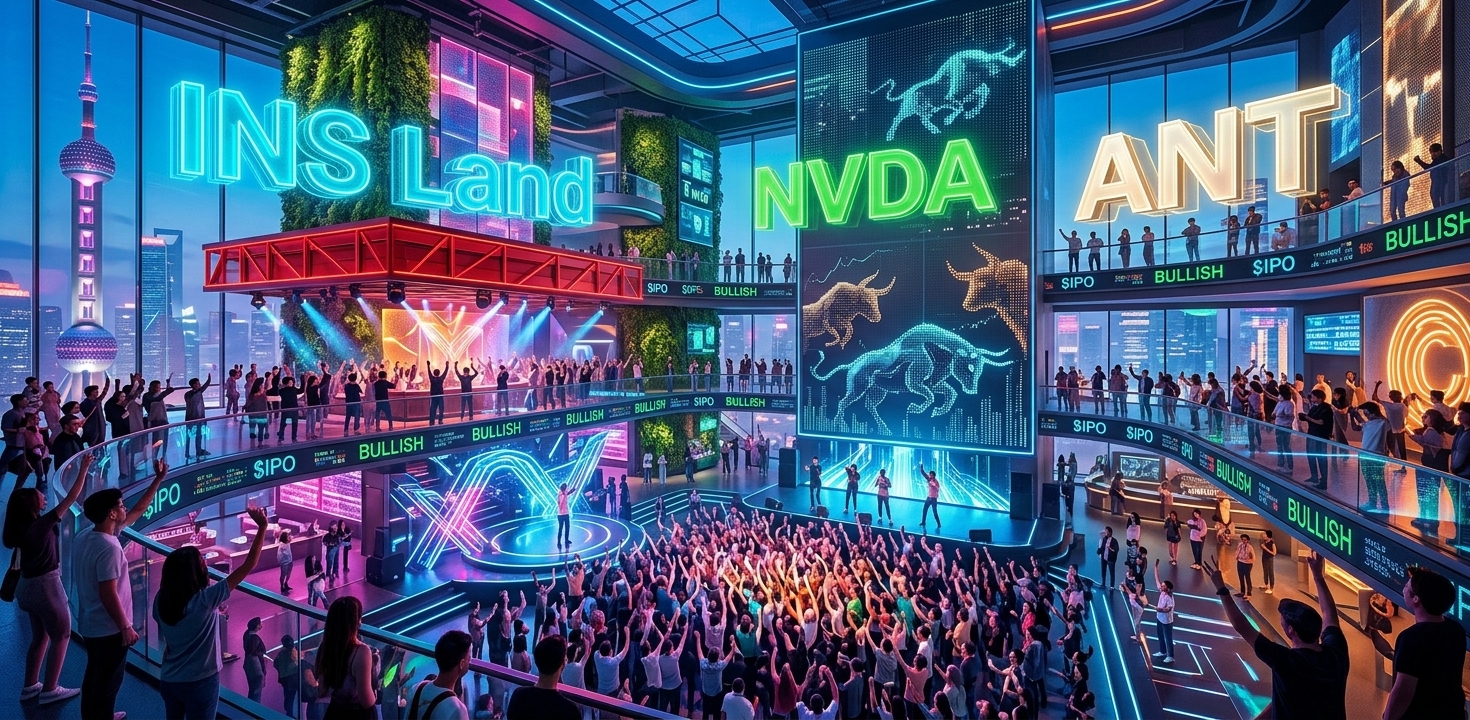 Futuristic Shanghai nightclub illustration with crowds, neon INS Land signage, NVIDIA’s NVDA ticker, ANT lettering and digital bull displays linking nightlife with AI market optimism.