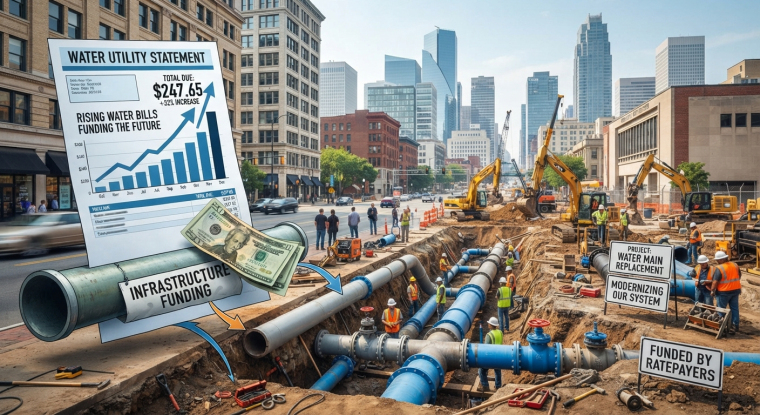 Illustration of rising water bills funding urban water main replacement, with construction crews, excavators and new blue pipelines.