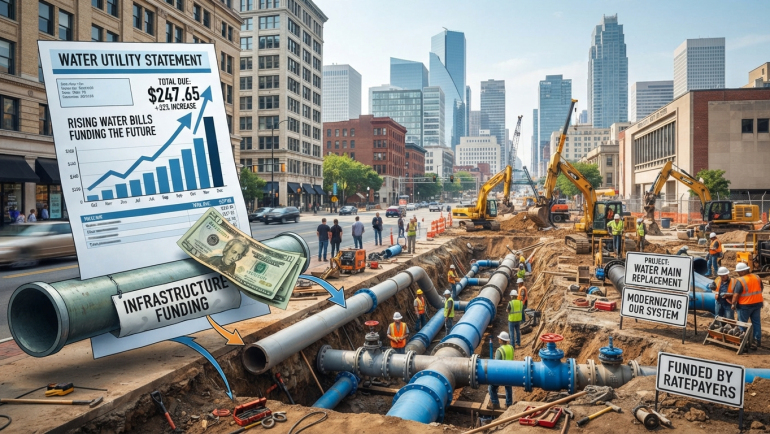 Illustration of rising water bills funding urban water main replacement, with construction crews, excavators and new blue pipelines.
