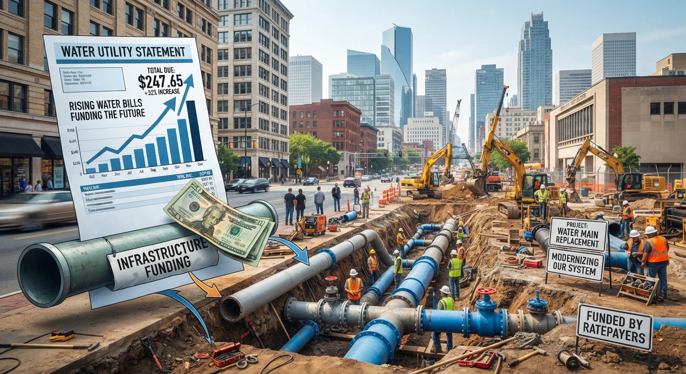 Illustration of rising water bills funding urban water main replacement, with construction crews, excavators and new blue pipelines.