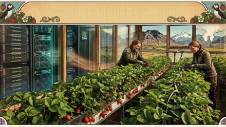 Vintage-style illustration of workers tending indoor strawberry plants beside NVIDIA-branded server racks, with Icelandic mountains and a geothermal plant outside.