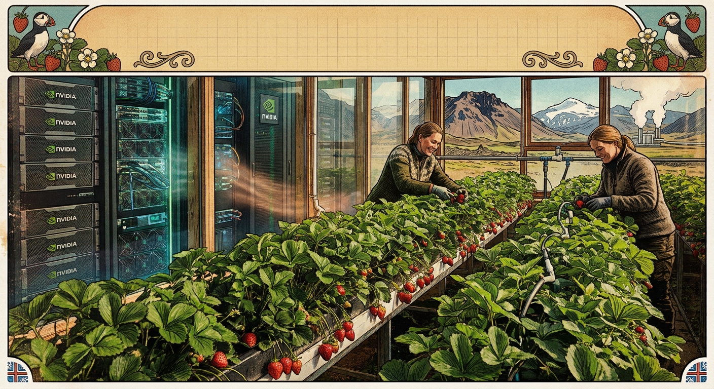 Vintage-style illustration of workers tending indoor strawberry plants beside NVIDIA-branded server racks, with Icelandic mountains and a geothermal plant outside.