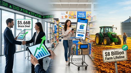 Illustration of executives shaking hands over a $5.66 billion Braze deal, a Walmart shopper with a $120 bundle offer, and a tractor beside an $8 billion farm relief sign.