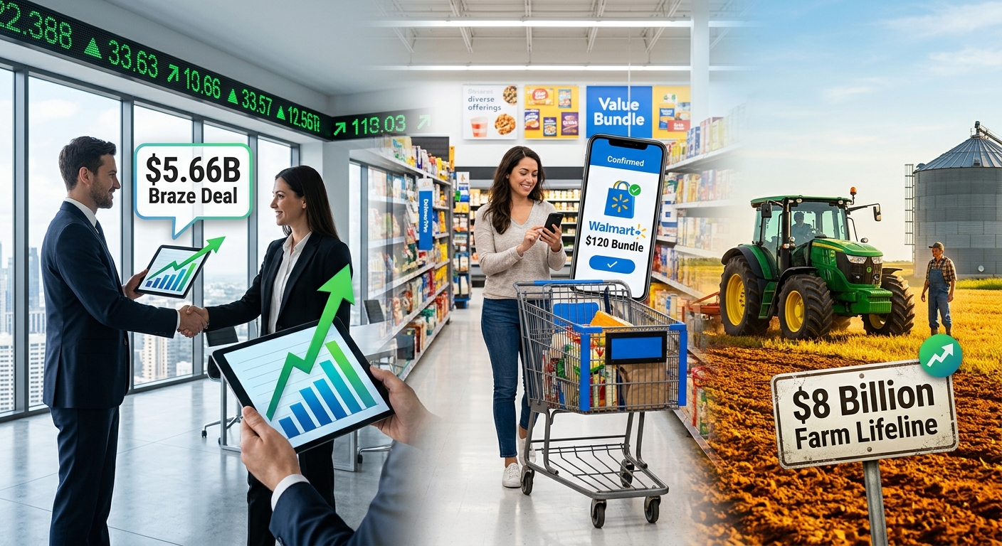 Illustration of executives shaking hands over a $5.66 billion Braze deal, a Walmart shopper with a $120 bundle offer, and a tractor beside an $8 billion farm relief sign.