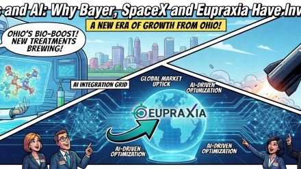 Comic-book-style illustration highlighting pharma, space and AI investment themes: a Bayer research lab in Ohio, a SpaceX rocket launching from an Ohio-inspired Starbase, and Eupraxia displayed over an AI-powered global network, beneath the headline “Pharma, Rockets and AI: Why Bayer, SpaceX and Eupraxia Have Investors Looking Up.”