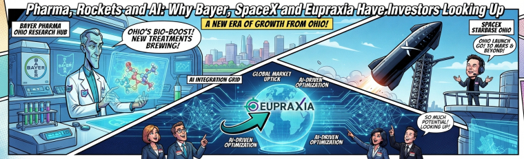 Comic-book-style illustration highlighting pharma, space and AI investment themes: a Bayer research lab in Ohio, a SpaceX rocket launching from an Ohio-inspired Starbase, and Eupraxia displayed over an AI-powered global network, beneath the headline “Pharma, Rockets and AI: Why Bayer, SpaceX and Eupraxia Have Investors Looking Up.”