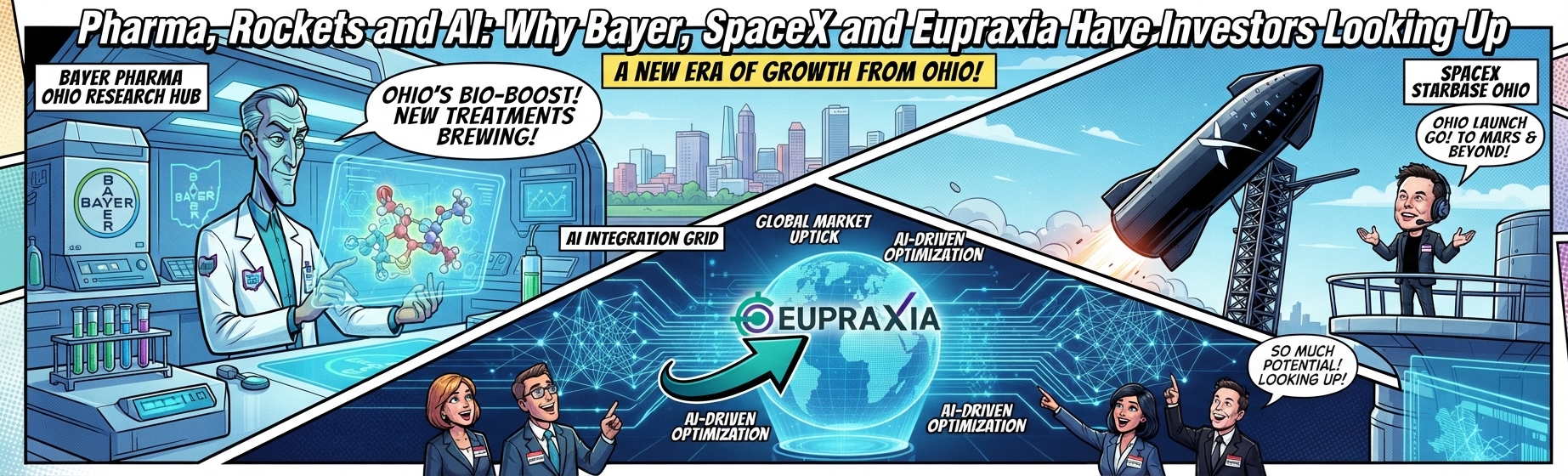 Comic-book-style illustration highlighting pharma, space and AI investment themes: a Bayer research lab in Ohio, a SpaceX rocket launching from an Ohio-inspired Starbase, and Eupraxia displayed over an AI-powered global network, beneath the headline “Pharma, Rockets and AI: Why Bayer, SpaceX and Eupraxia Have Investors Looking Up.”