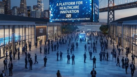 Illustration of a waterfront networking event in San Francisco, with attendees beneath a Tribe Public billboard reading “A Platform for Healthcare Innovation,” framed by the city skyline and Bay Bridge