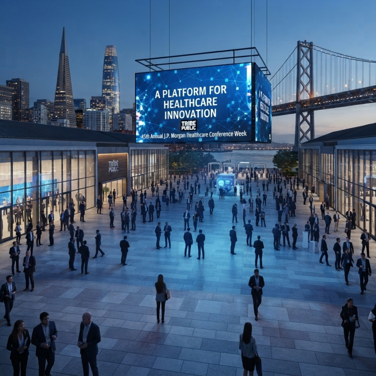 Illustration of a waterfront networking event in San Francisco, with attendees beneath a Tribe Public billboard reading “A Platform for Healthcare Innovation,” framed by the city skyline and Bay Bridge