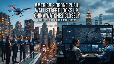 Illustration of investors watching a drone above New York City beside a drone-monitoring control room, depicting U.S.–China competition in drone technology.