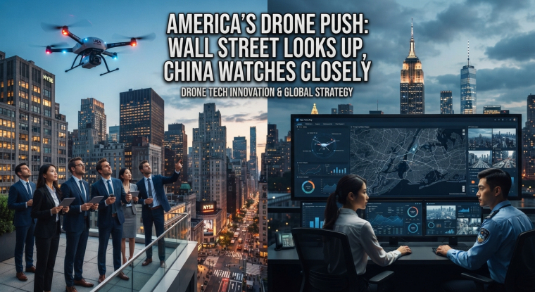 Illustration of investors watching a drone above New York City beside a drone-monitoring control room, depicting U.S.–China competition in drone technology.
