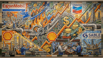 Mosaic-style illustration featuring ExxonMobil, Chevron, Shell and Sable Offshore logos, oil rigs, refinery workers, gears, coins and upward arrows.