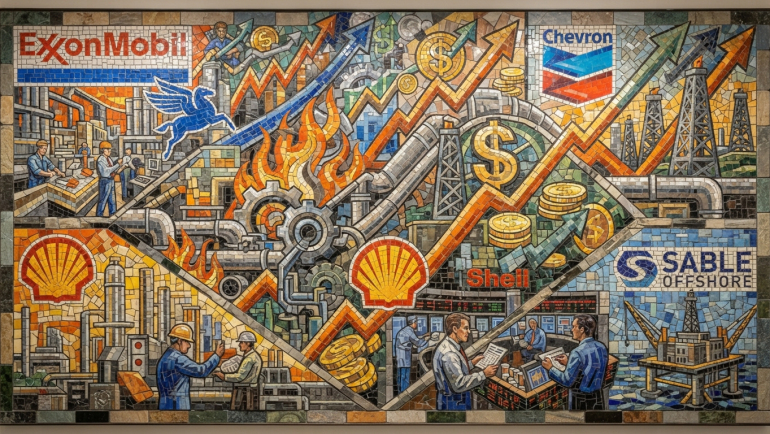 Mosaic-style illustration featuring ExxonMobil, Chevron, Shell and Sable Offshore logos, oil rigs, refinery workers, gears, coins and upward arrows.