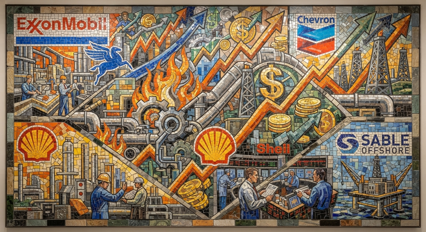 Mosaic-style illustration featuring ExxonMobil, Chevron, Shell and Sable Offshore logos, oil rigs, refinery workers, gears, coins and upward arrows.