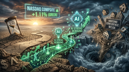 Illustration of AI stocks rising along a glowing green circuit-board path as houses tumble into a chasm, contrasting the Nasdaq’s 1.11% gain with weak housing confidence on October 19, 2026.