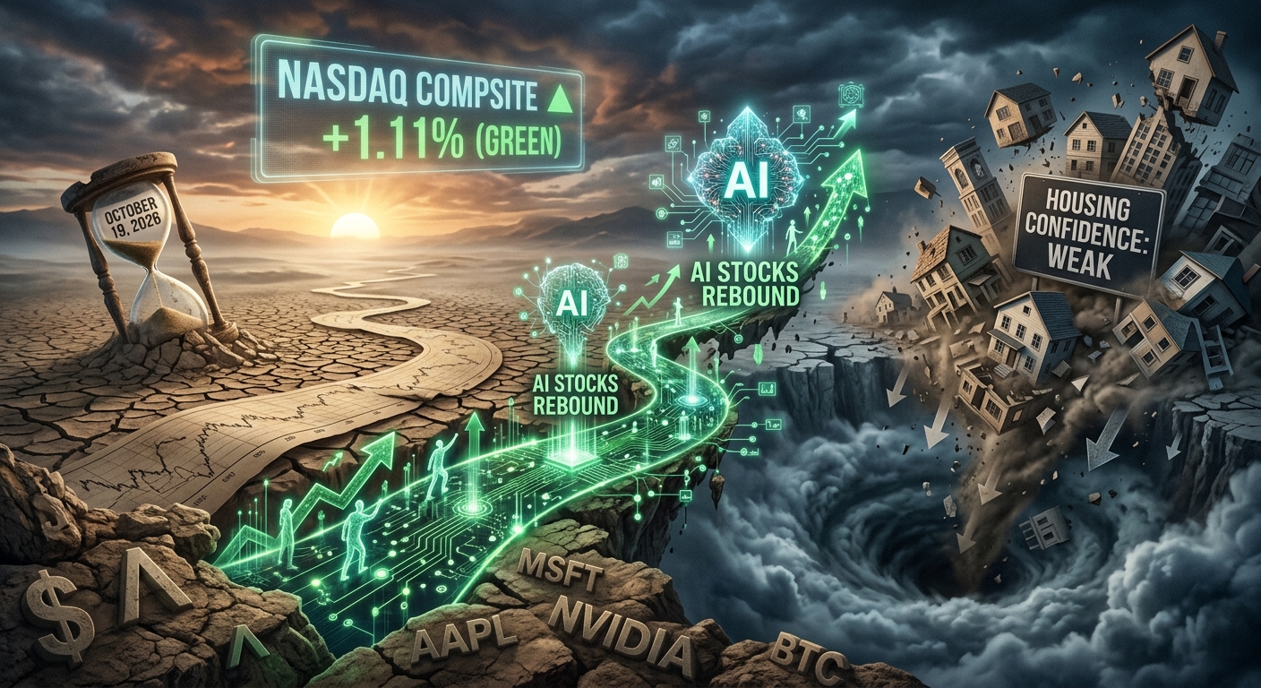 Illustration of AI stocks rising along a glowing green circuit-board path as houses tumble into a chasm, contrasting the Nasdaq’s 1.11% gain with weak housing confidence on October 19, 2026.