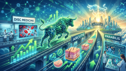 Futuristic biotech illustration featuring a glowing digital bull, rising market arrows, and research pathways labeled Disc Medicine, Arcutis and Parabilis leading toward a biotechnology innovation hub.