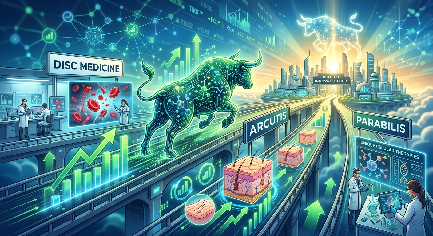 Futuristic biotech illustration featuring a glowing digital bull, rising market arrows, and research pathways labeled Disc Medicine, Arcutis and Parabilis leading toward a biotechnology innovation hub.