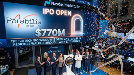Parabilis Medicines’ Nasdaq IPO opening celebration, with the company logo displayed on the Nasdaq MarketSite screen alongside “IPO Open,” a $770 million figure, confetti and executives gathered at the opening bell.
