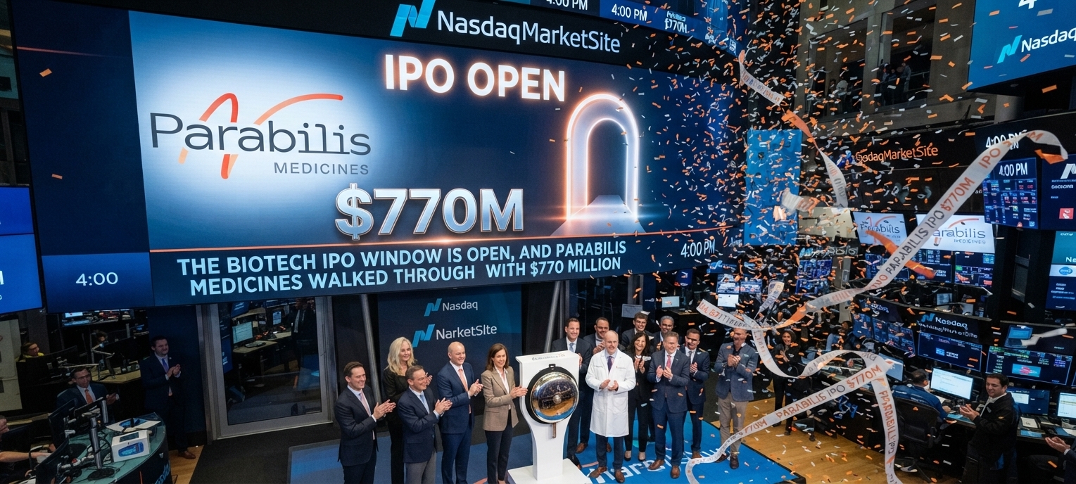 Parabilis Medicines’ Nasdaq IPO opening celebration, with the company logo displayed on the Nasdaq MarketSite screen alongside “IPO Open,” a $770 million figure, confetti and executives gathered at the opening bell.